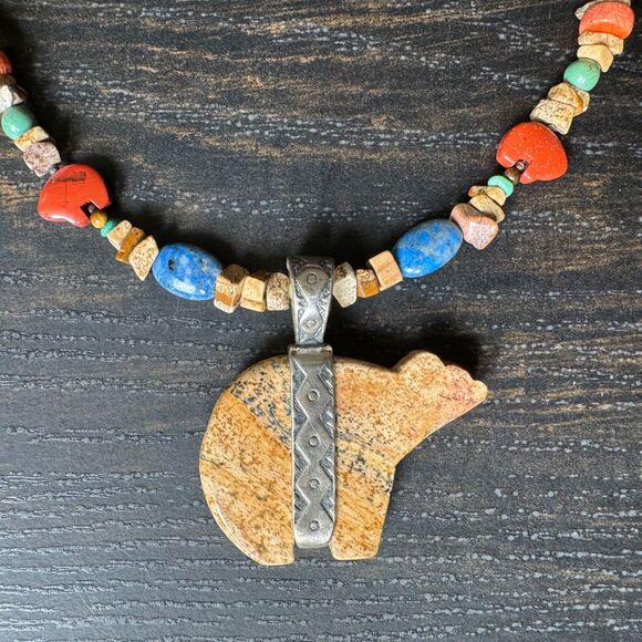 Carolyn Pollack Relios Sterling Silver Jasper Bear Pendant Necklace Southwestern - Picture 4 of 16